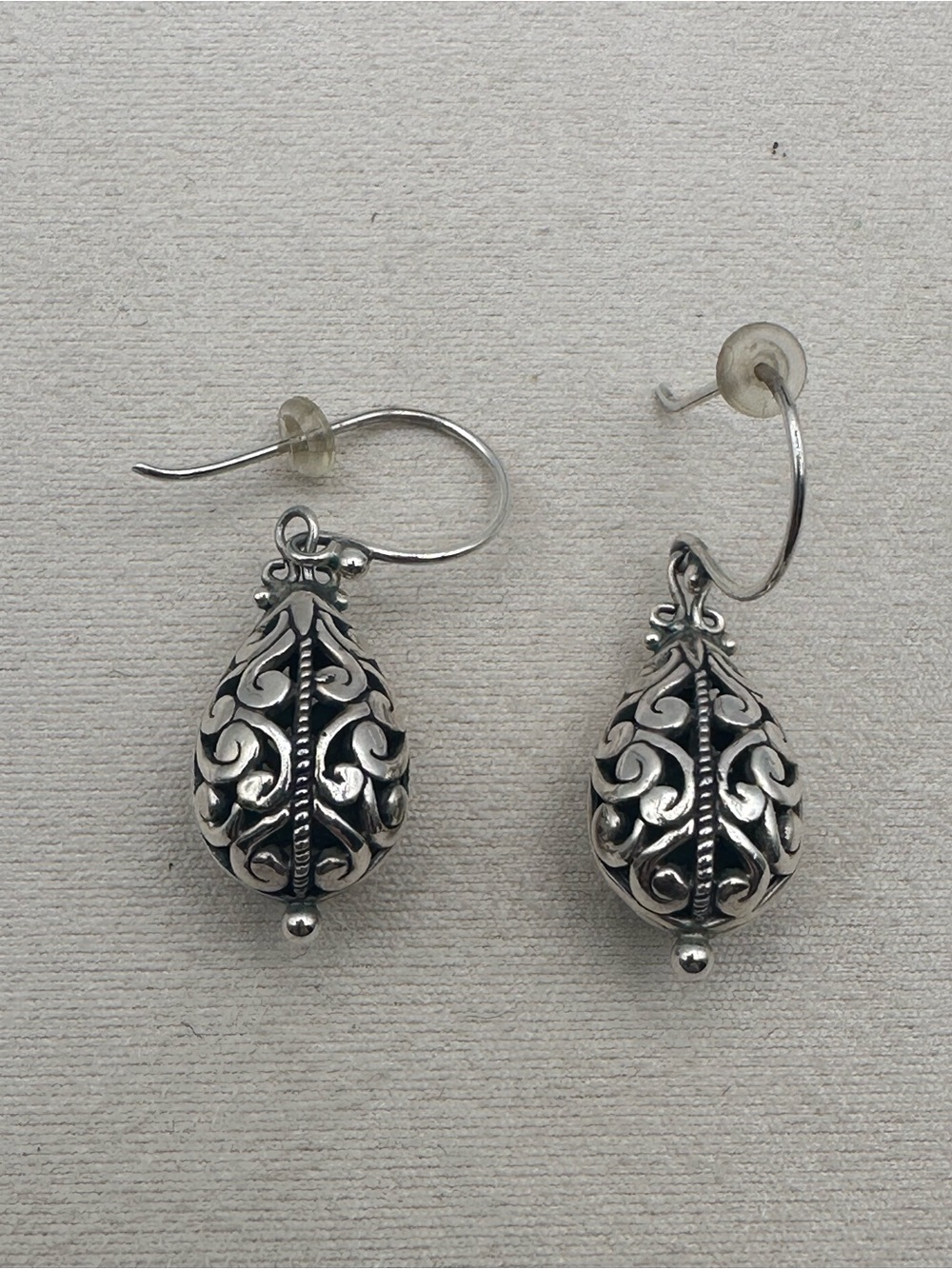 Vintage 925 Sterling Silver Filigree Teardrop Cage Dangle Earrings SATIIN